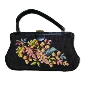 VINTAGE BROWN NEEDLEPOINT PURSE FLORAL ACORN AUTUMN FALL TWEE NEUTRAL RETRO